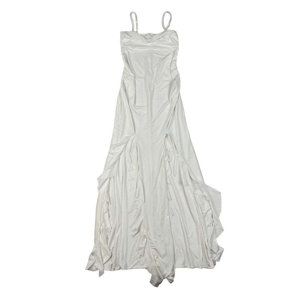 Club L - Maternity Bandeau Ruffle Maxi Dress with Thigh Splits in White